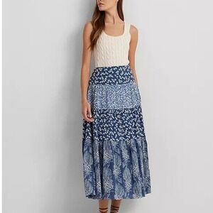 Lauren Ralph Lauren Patchwork Floral Voile Tiered Skirt‎ Size 12 Blue Cotton